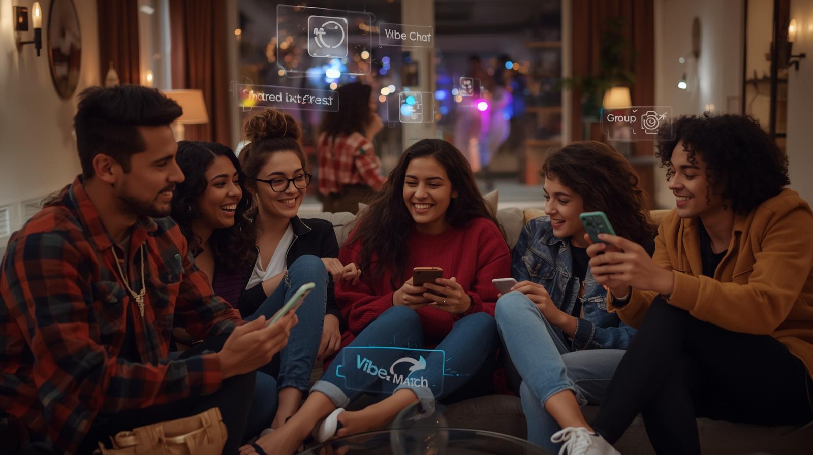 Friends using vibe match and chat features in cozy setting